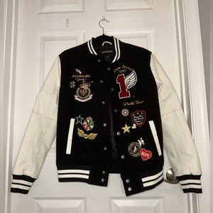Rare vintage Express varsity jacket with patches and pins!